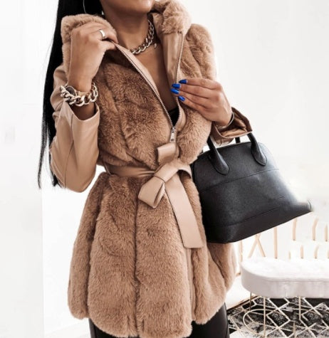 Women's Hooded Zipper Jacket with Fur Belt in Pink, Gray, Black, Brown