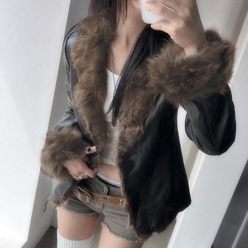 American Street Black Faux Fur Collar Leather Coat