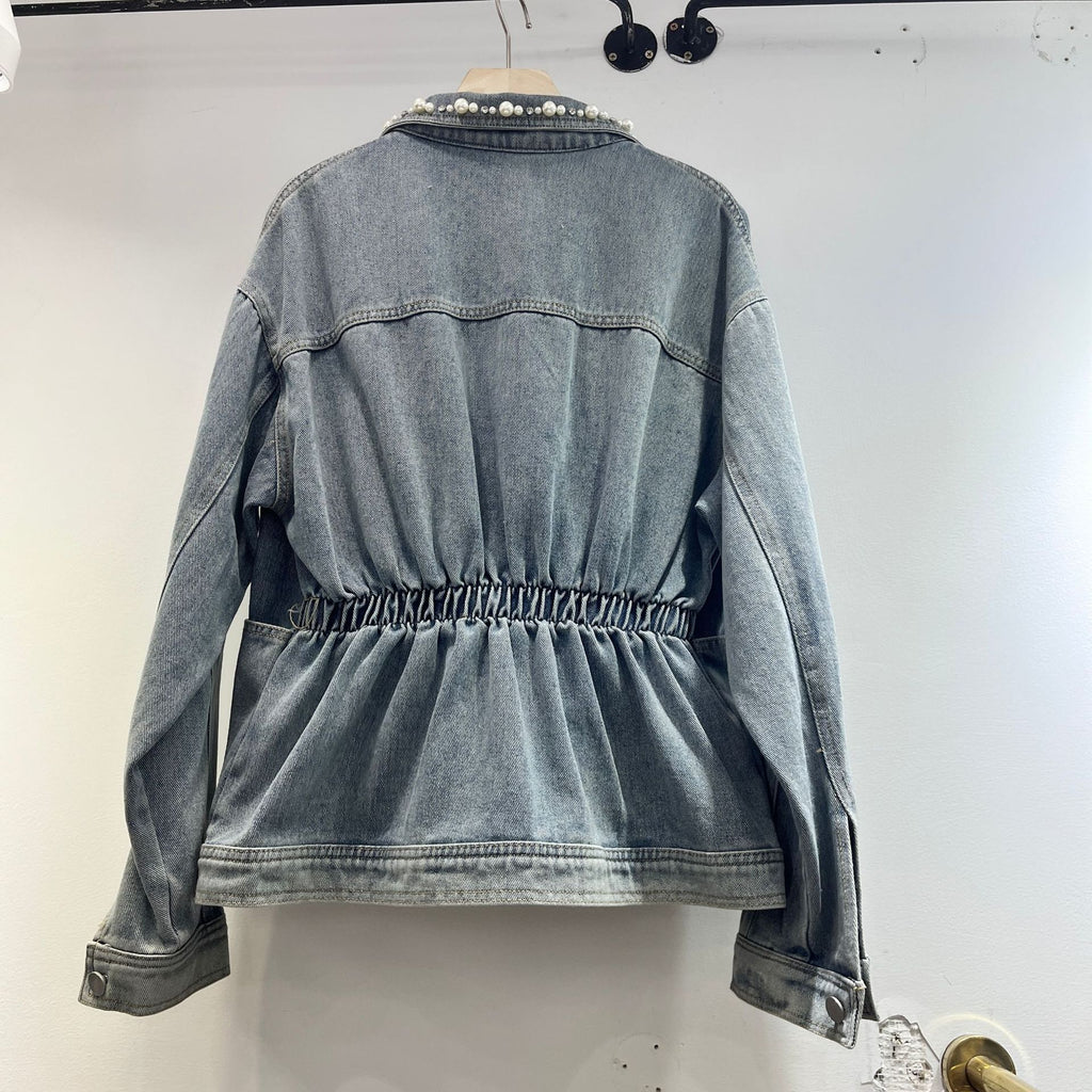 Vintage Blue Washed Denim Jacket Women’s Casual Heavy Industry Beads M-L