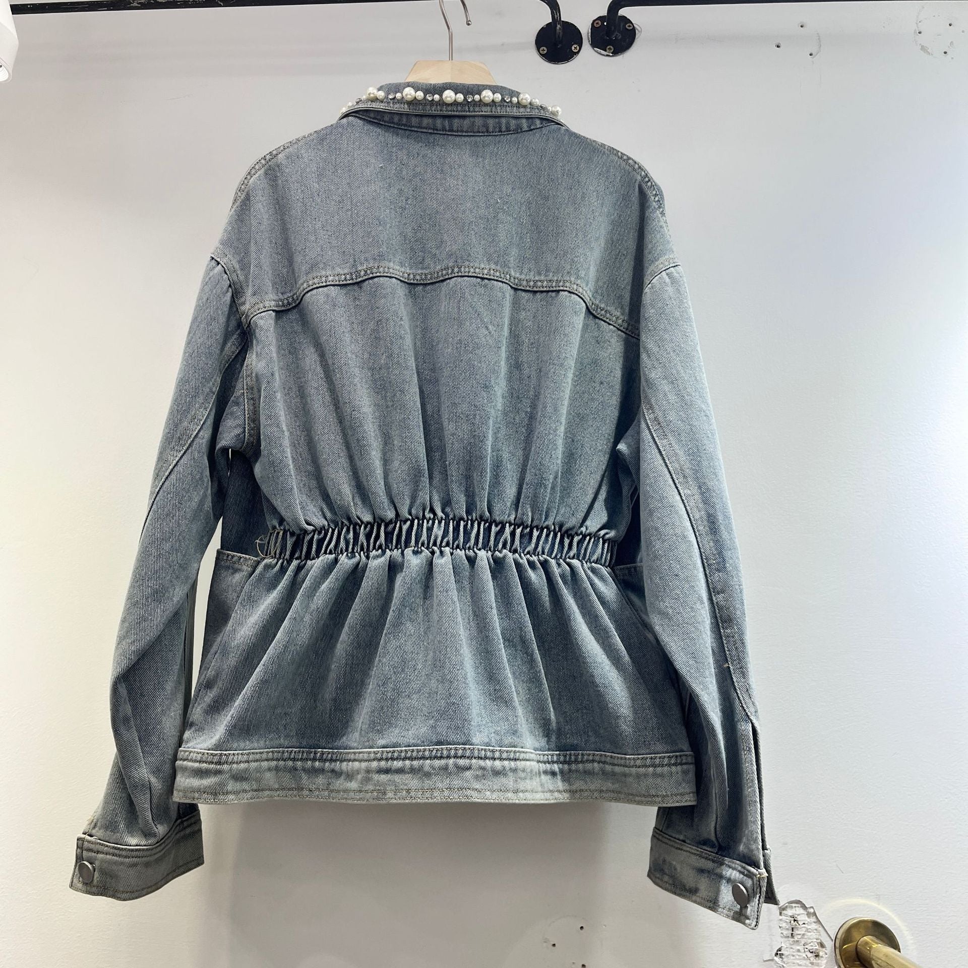Vintage Blue Washed Denim Jacket Women’s Casual Heavy Industry Beads M-L