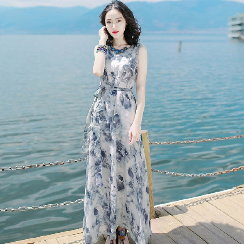 Robe longue bohème sans manches imprimée avec taille élastique pour femme
