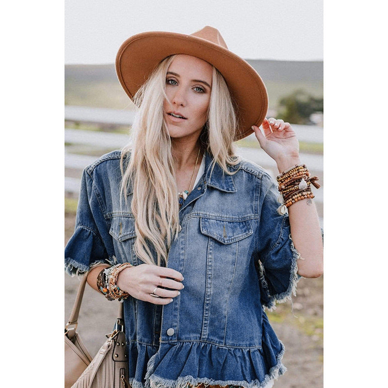 Women’s Loose Denim Jacket with Ruffled Short Sleeves
