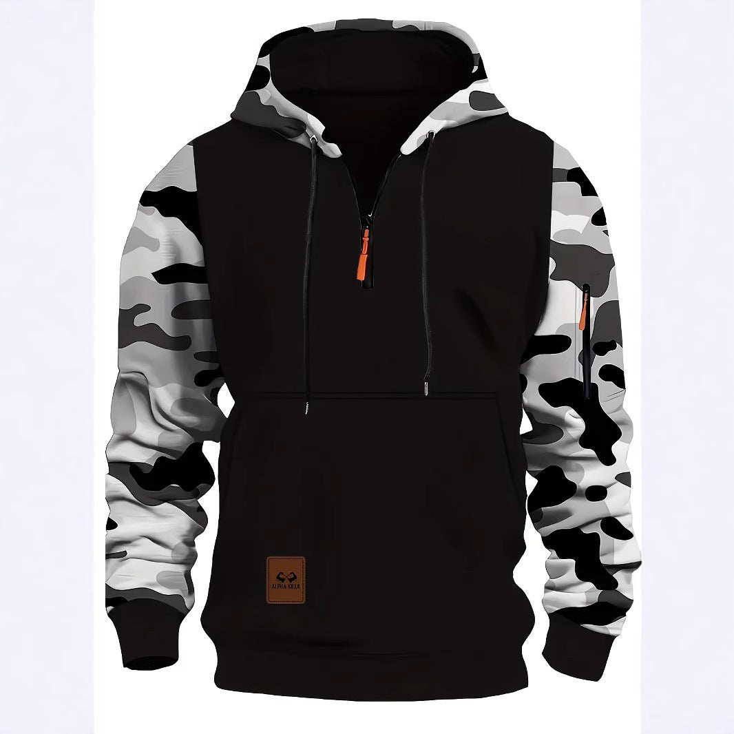 Sweat-shirt à capuche zippé vintage pour homme avec coutures et motif camouflage