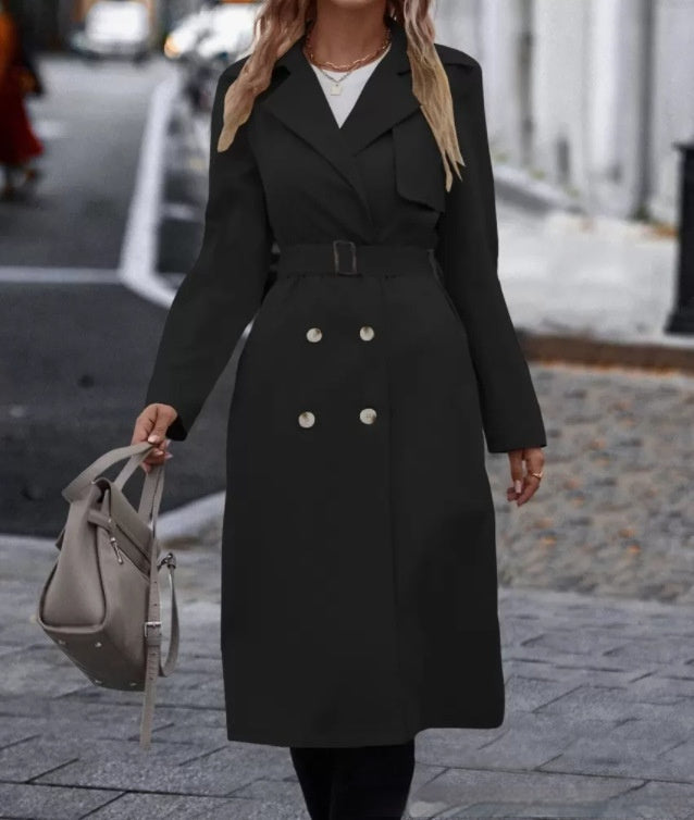 Manteau Trench long femme double boutonnage à revers et ceinture pour l'hiver