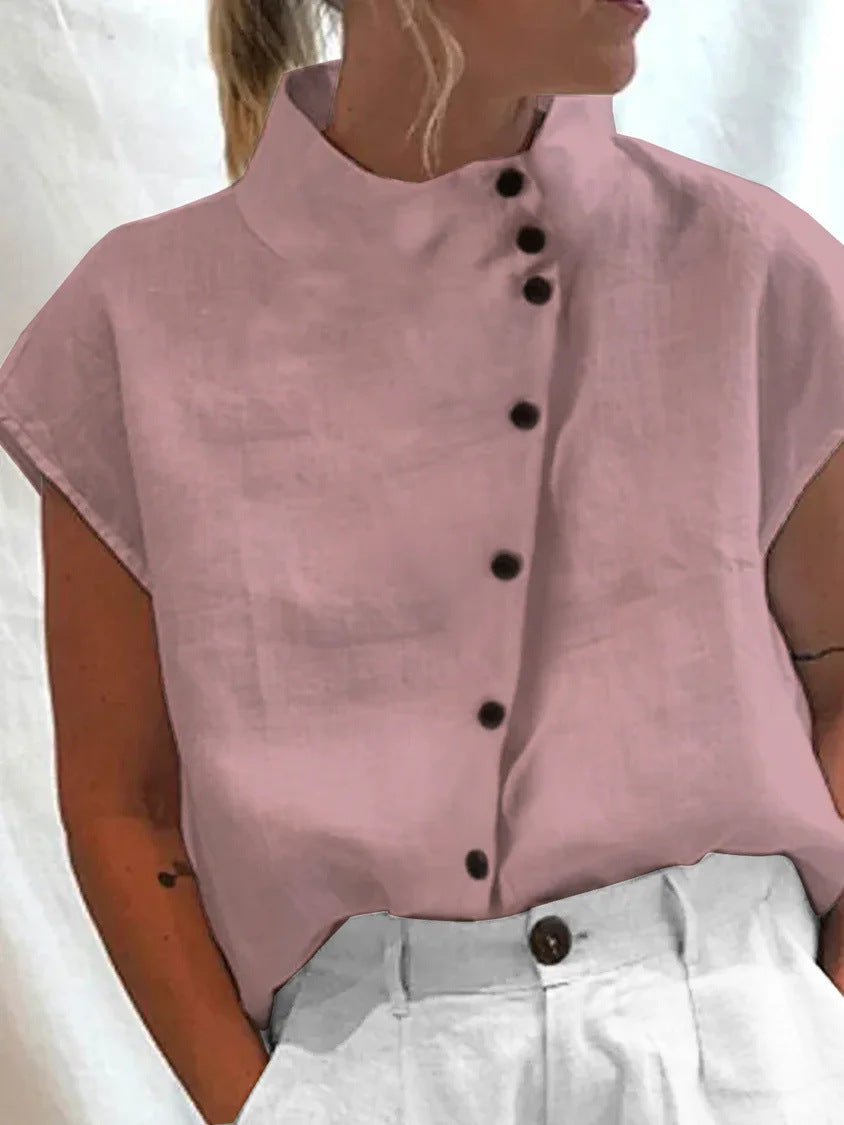 Chemise décontractée en coton et lin pour femme, col montant, coupe ample