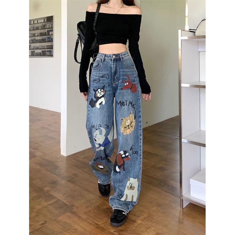 Jean taille haute en jean bleu avec graffitis style rétro américain pour femmes