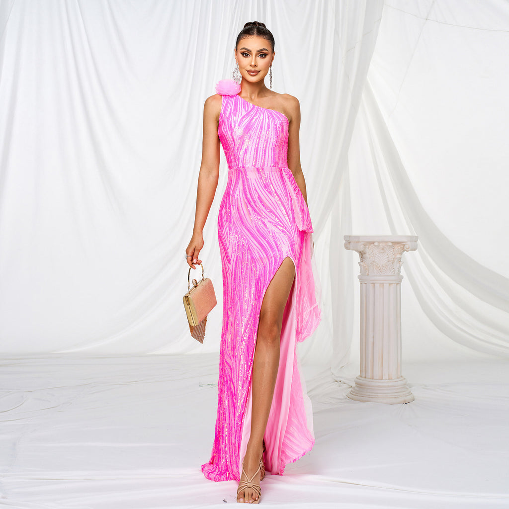 Robe de soirée longue fendue asymétrique à sequins rouge rose, taille haute