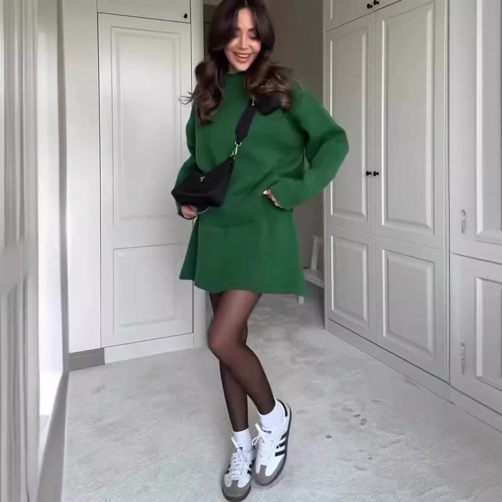 Ensemble 2 pièces tricoté pour femme : pull à manches longues et mini-jupe taille haute
