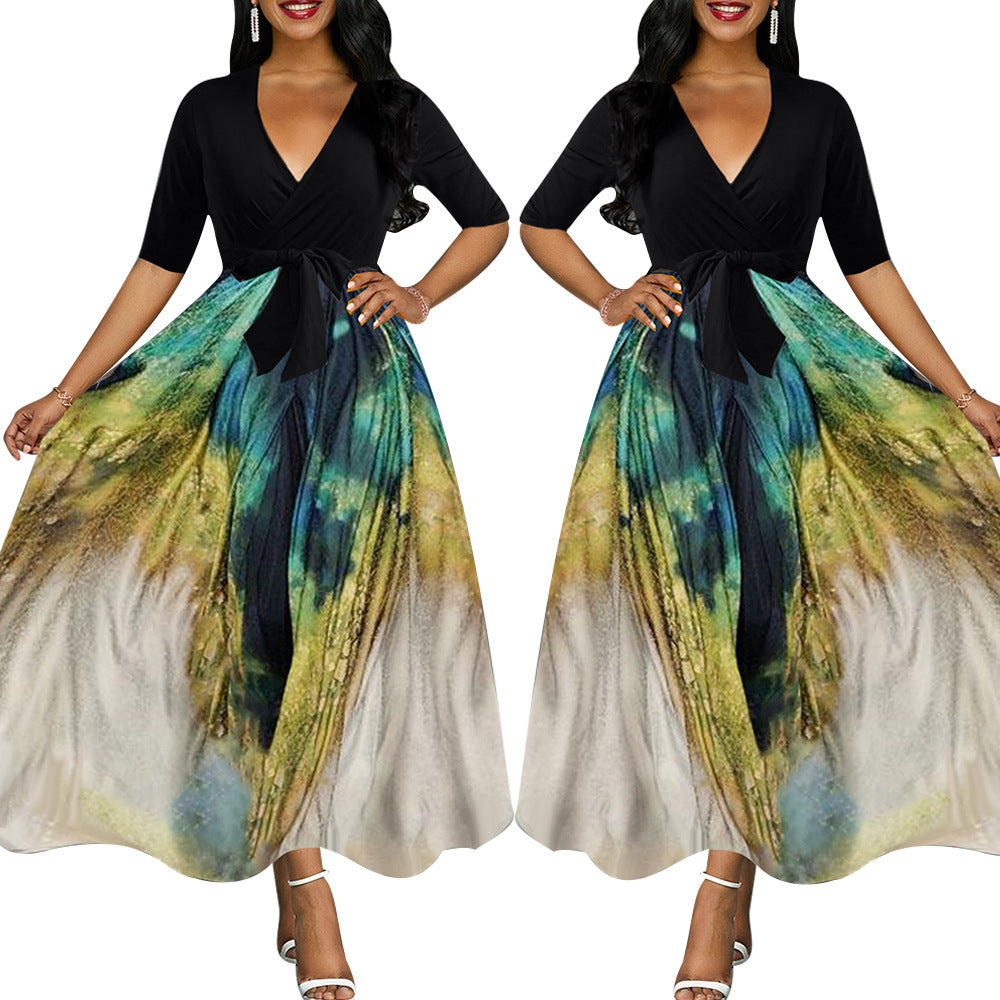 Robe d'été pour femme en mousseline à imprimé paon contrasté