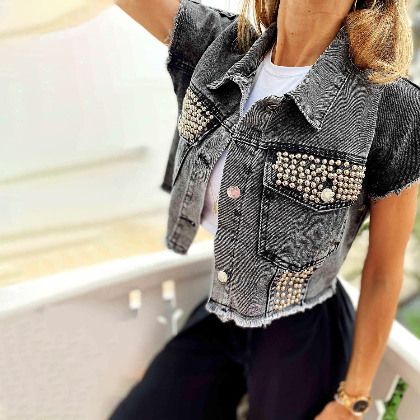 Trendy Cropped Denim Coat Outerwear in Light Blue & Gray, Sizes S-XL