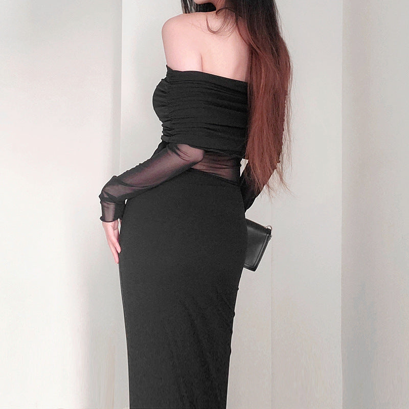 Robe d'hiver noire plissée en polyester à manches longues et épaules dénudées pour femme