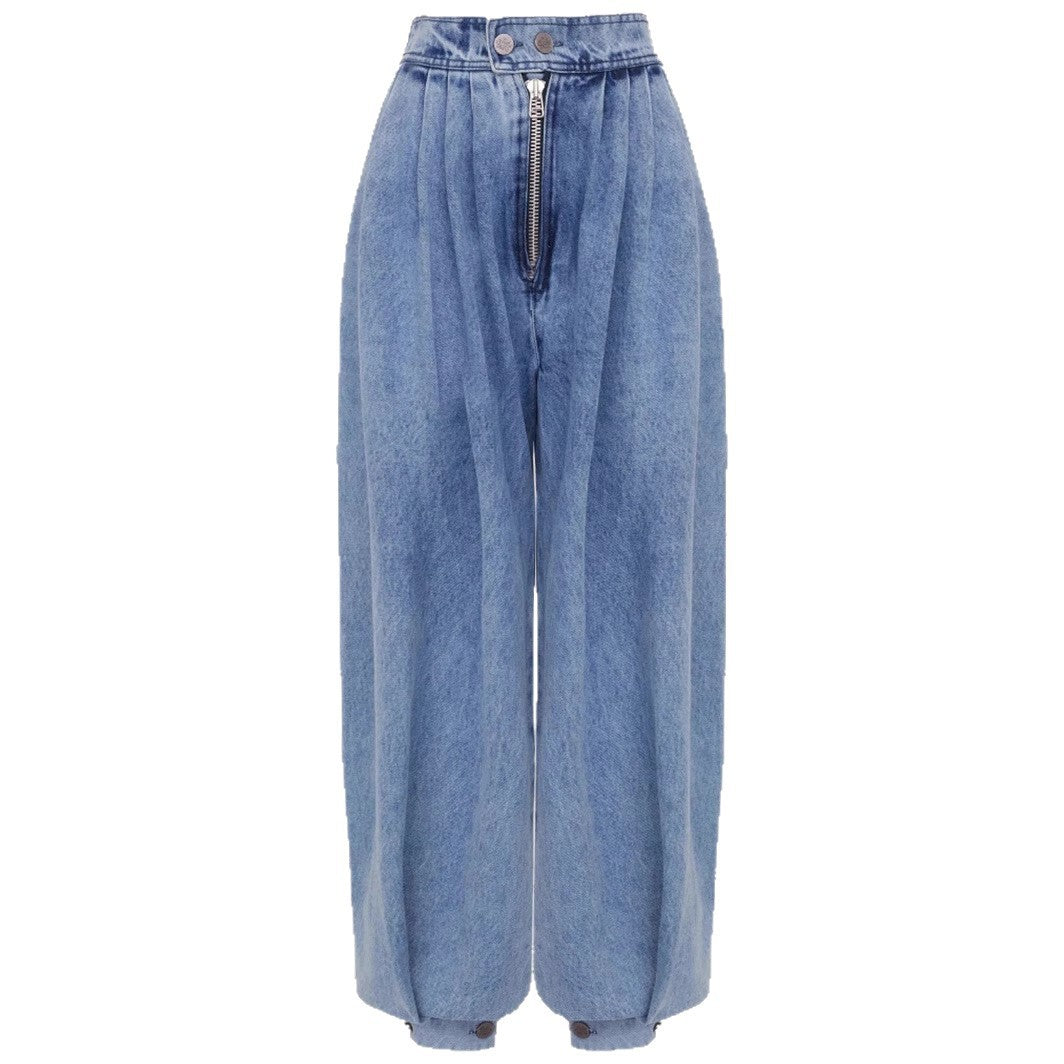 Jean ample taille haute avec attaches aux chevilles et fermeture éclair