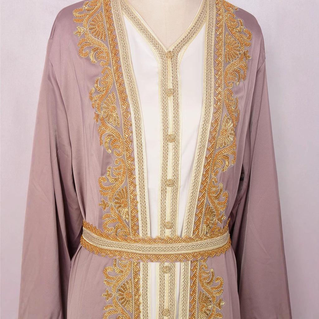 Muslim Women's Beaded Two-Piece Dress Set in Pink, Green & Red, Sizes S-XXL