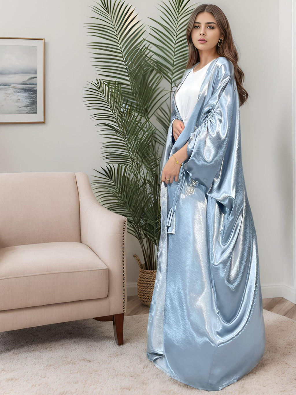 Plus Size Satin Robe Middle East Turkey Solid Color Batwing Sleeve