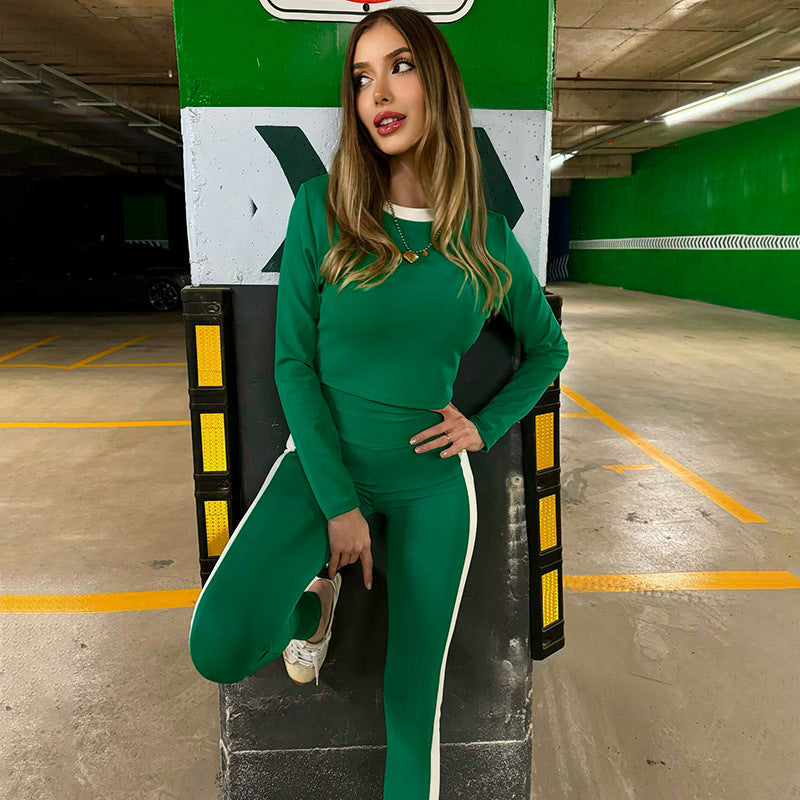 Women's Contrast Color Long Sleeve Crop Top & High Waist Trousers Set