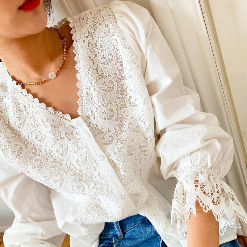 Cardigan blouse en dentelle de coton pour femme, style français