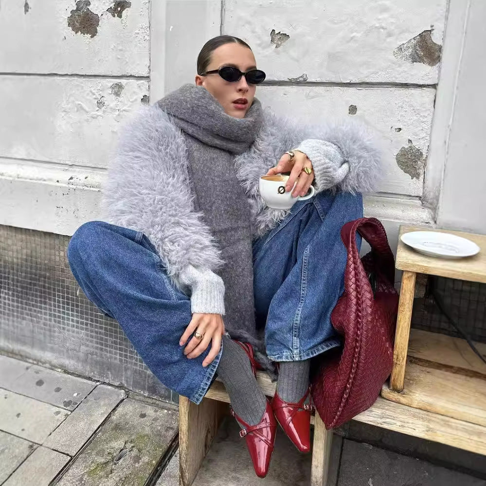 Light Gray Round Neck Artificial Fur Short Coat