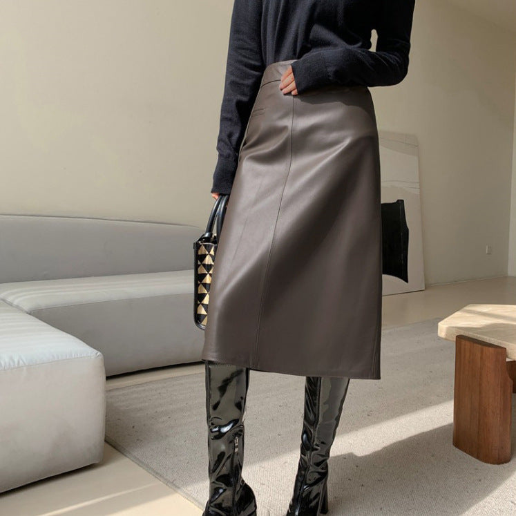 Jupe trapèze amincissante en cuir véritable taille haute