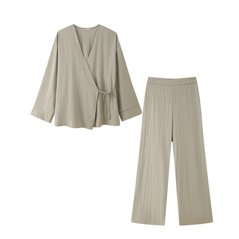 Retro Lace-Up Two-Piece Long Sleeve Trousers Suit in Gray Green & Black