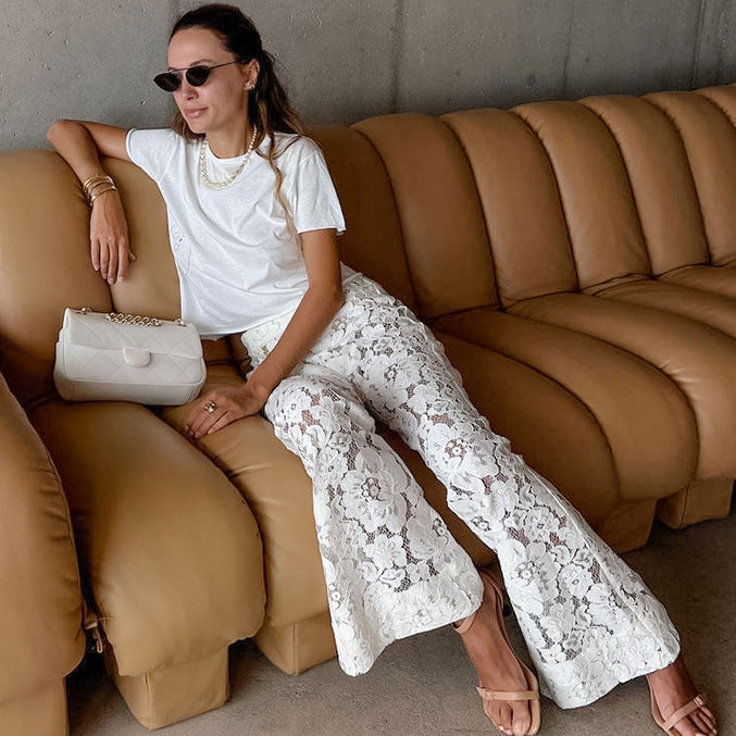 White Cotton Lace Jacquard See-Through High Waist Flared Pants