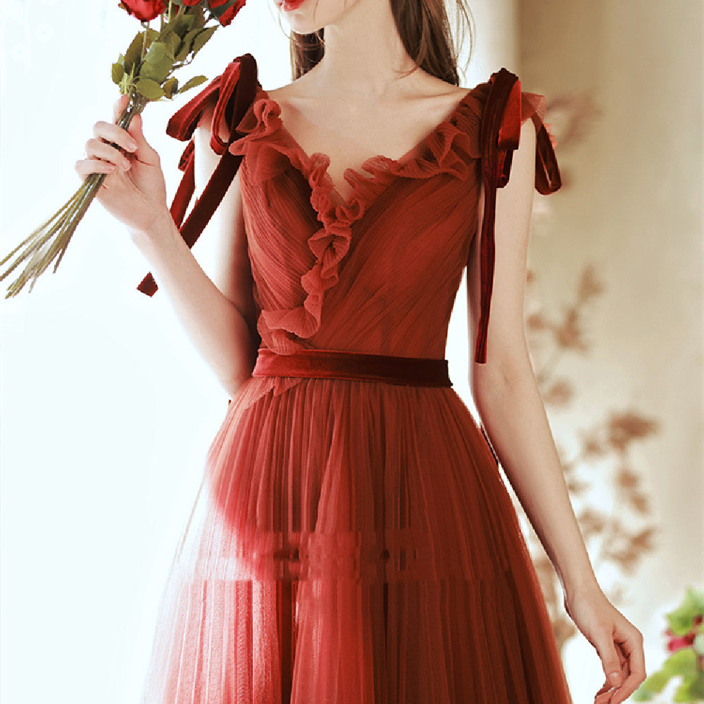 Robe de fiançailles sans manches rouge style coréen pour femme