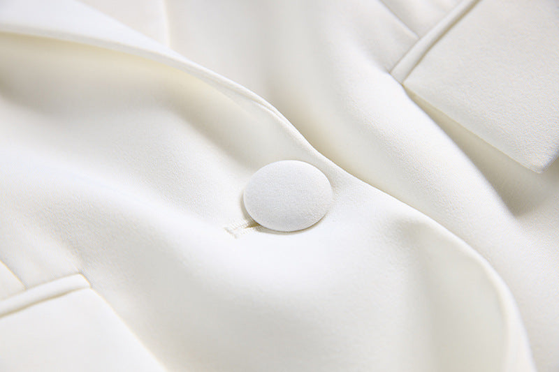 Medium Length Suit Coat with Wide Leg White Polyester Trousers