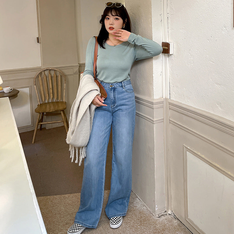 Jean droit large extensible en jean pour femme