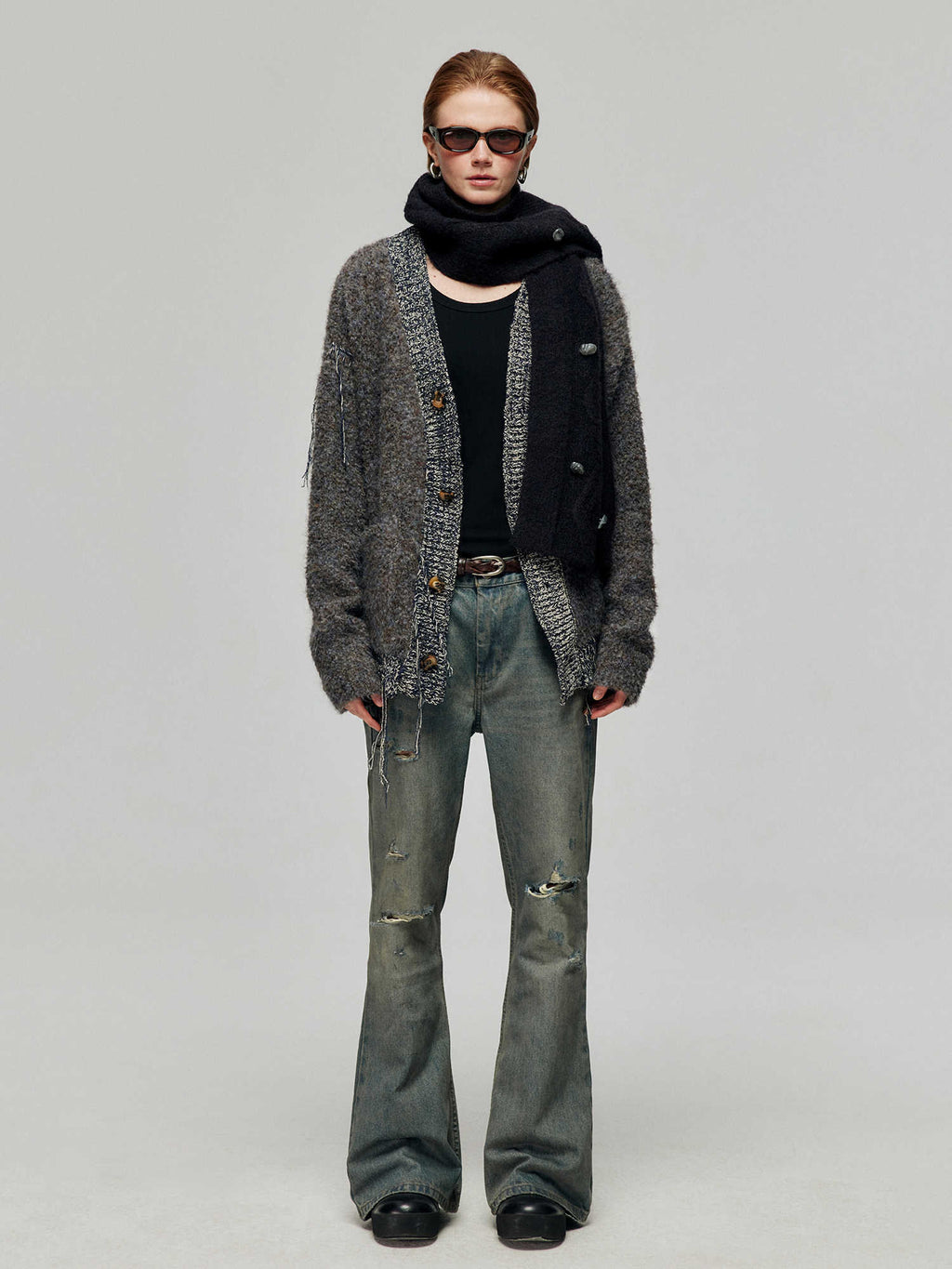 Cotton Washed Blue Retro Ripped Loose Micro-Flared Jeans Trousers