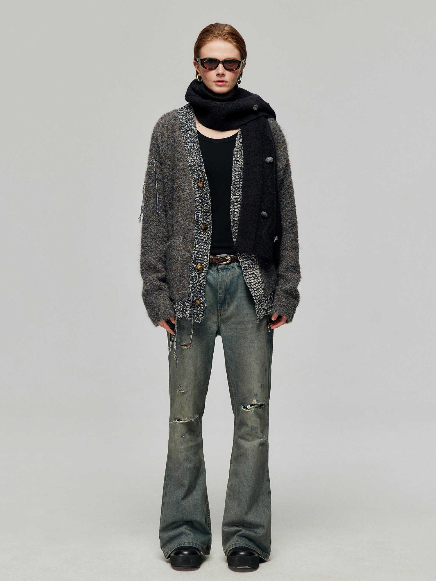 Cotton Washed Blue Retro Ripped Loose Micro-Flared Jeans Trousers