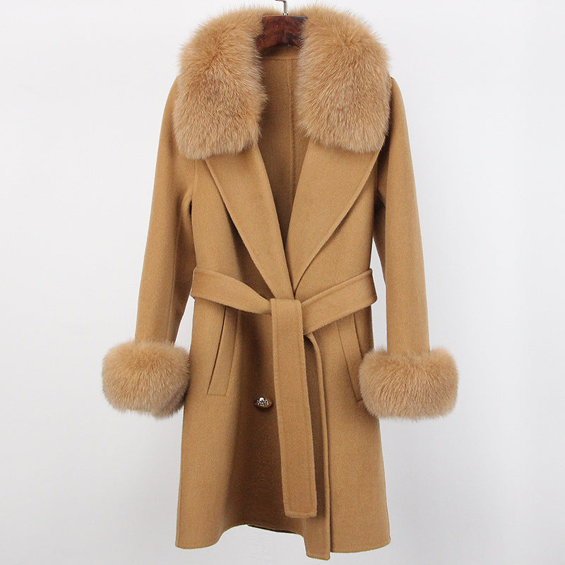 Double-Faced Wool Overcoat Long Slim Fit with Fox Fur Collar