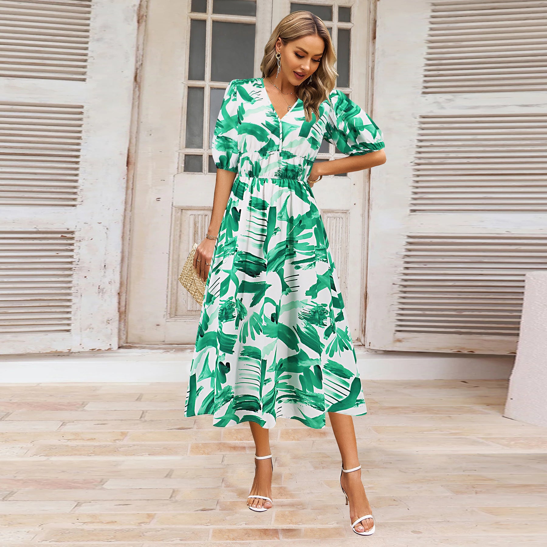 Robe d'été femme col en V imprimé floral bohème avec manches bouffantes