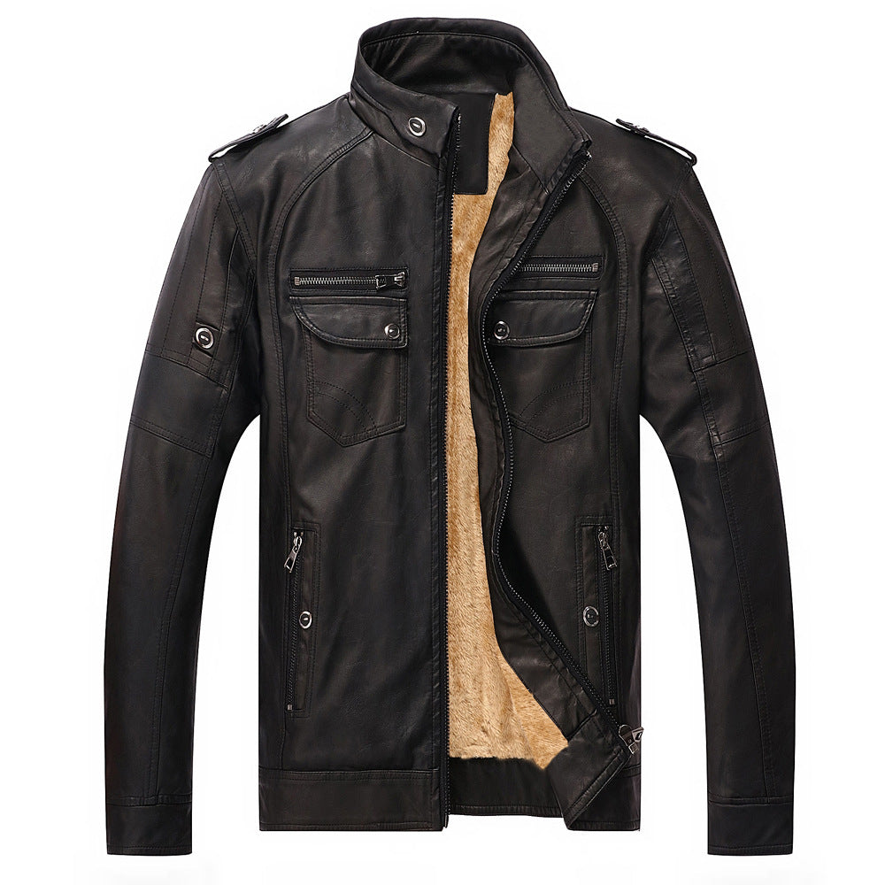 Men's Cowhide Leather Jacket with Velvet Lining Retro Washed Style