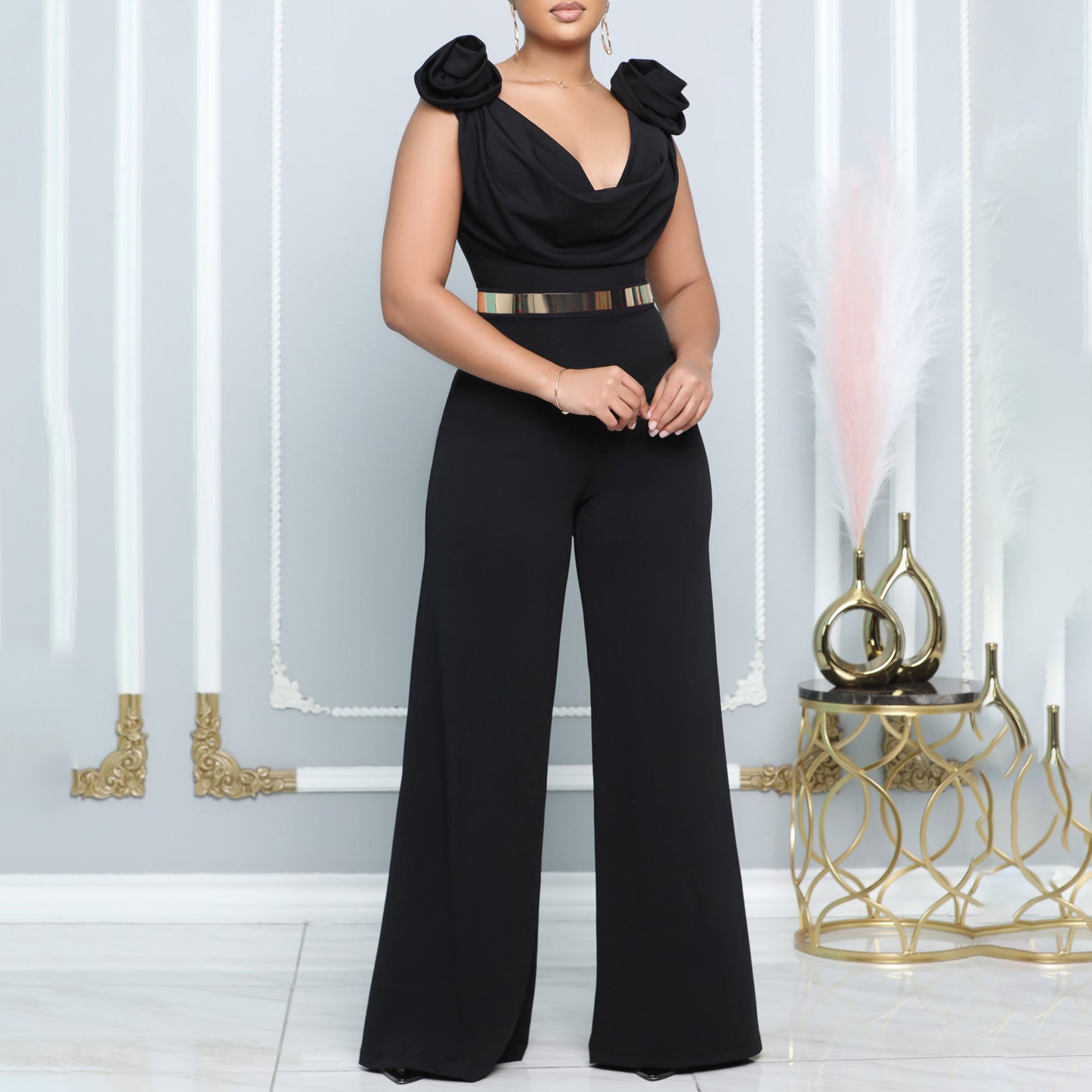 V-Neck Sleeveless Solid Color Turtleneck Jumpsuit with Belt