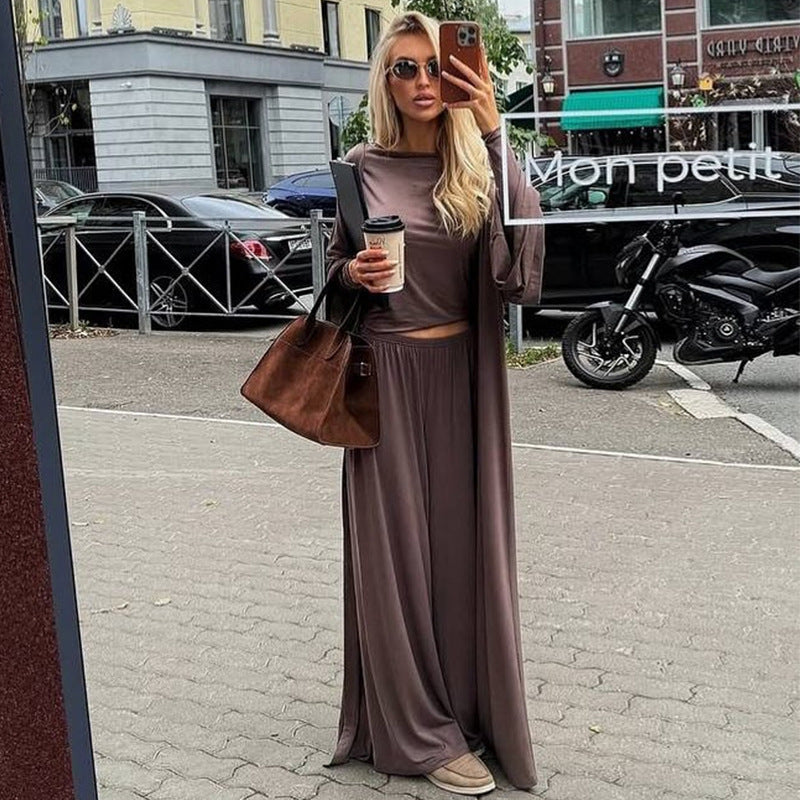 Casual Long Cardigan Long Sleeve Top High Waist Trousers Fashion Suit