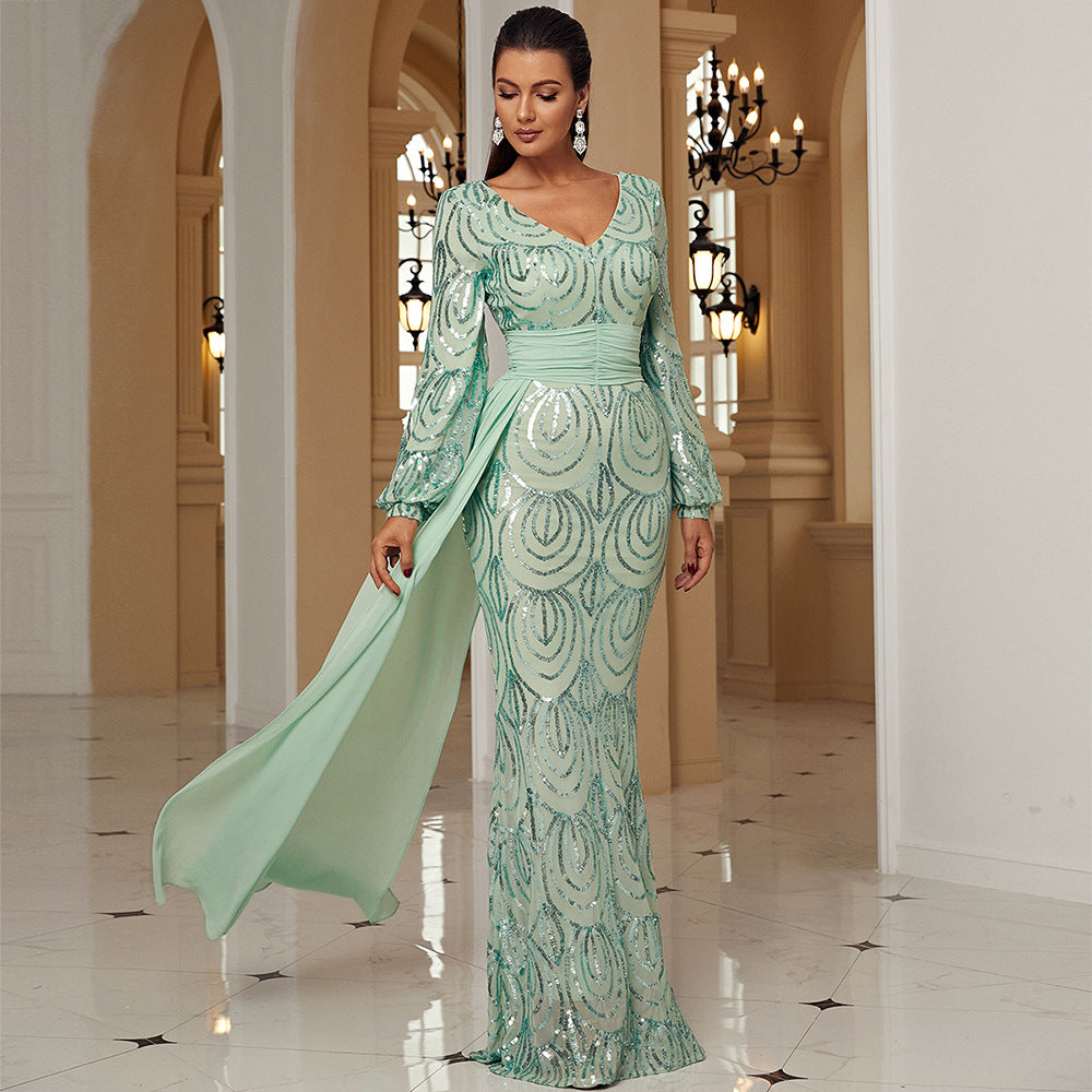 Robe de soirée élégante à col en V et sequins, manches longues, pour événements à Dubaï