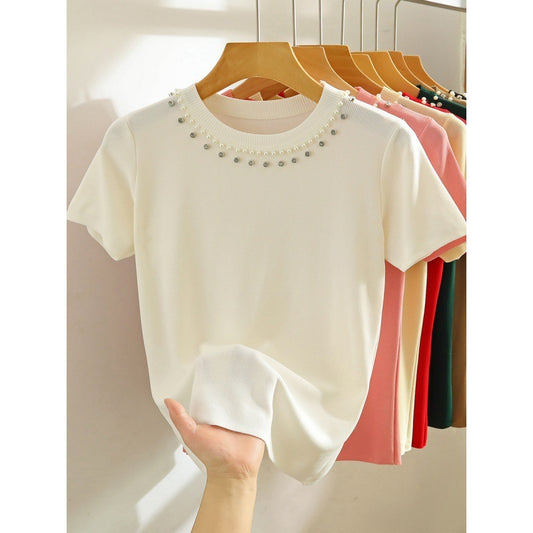 White Shoulder Short-sleeved T-shirt Heavy Industry Beads Knitted Short Top