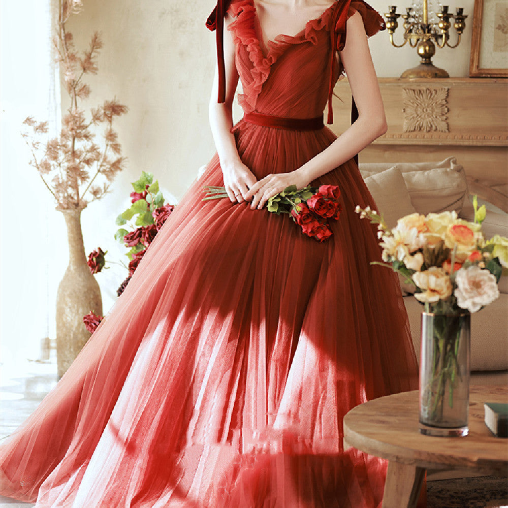 Robe de fiançailles sans manches rouge style coréen pour femme