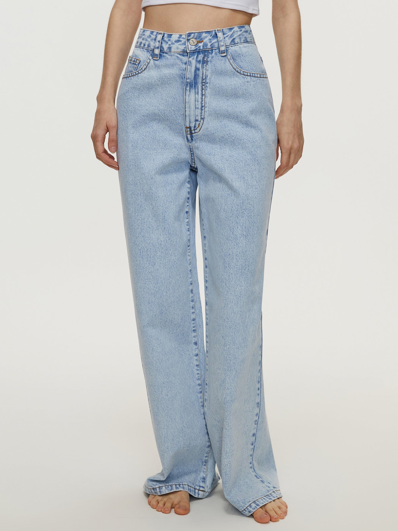 Women's Light Blue High Waist Loose Straight Denim Trousers