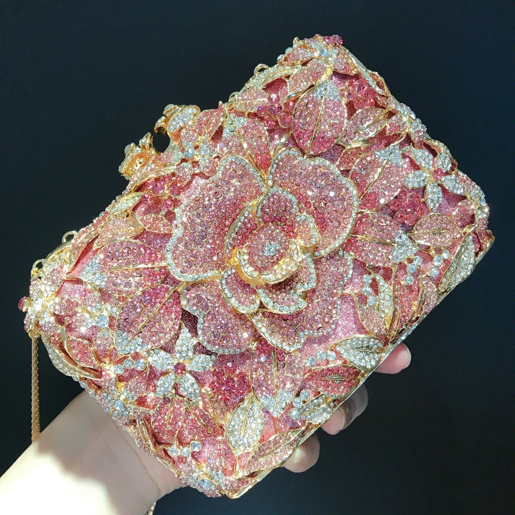 Metal Rose Diamond Chain Clutch Evening Bag 17x11x5cm