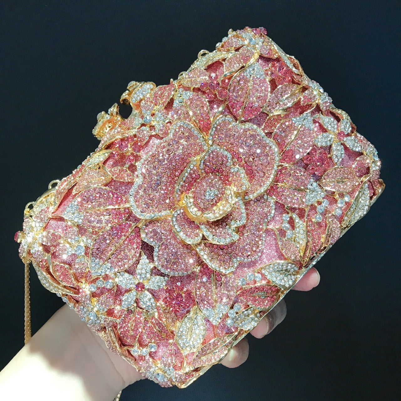 Metal Rose Diamond Chain Clutch Evening Bag 17x11x5cm