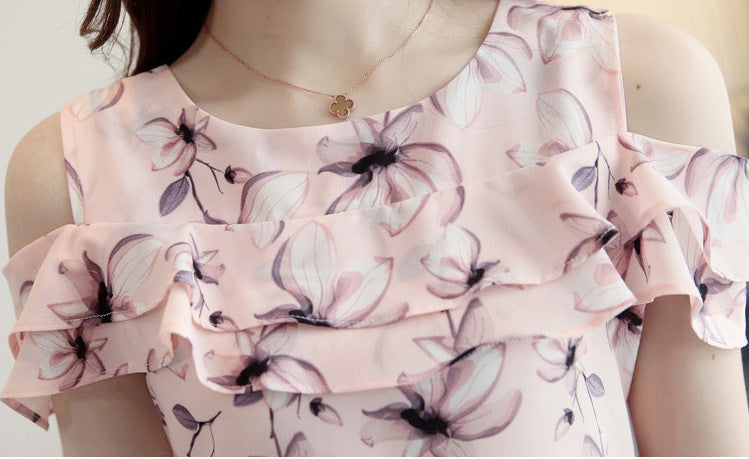 Haut en mousseline à volants fleuri rose épaules dénudées manches courtes pour femme, tailles M à XXL