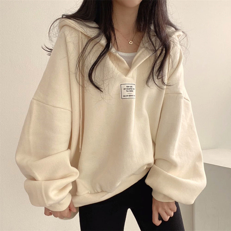 Womens Loose-Fit Hooded V-Neck Sweatshirt with Lace-Up Detail