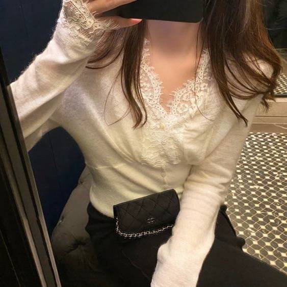 Plush Lace Stitching Slim White Long-Sleeve Autumn Top
