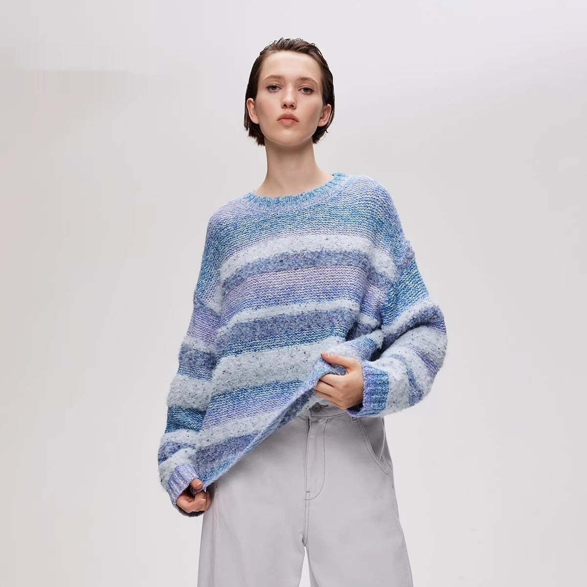 Gradient Striped Round Neck Drop Shoulder Loose Knit Sweater