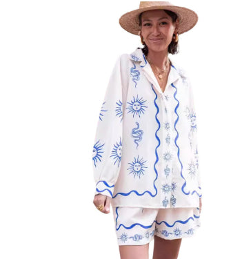 Ensemble chemise, cardigan et short en lin imprimé décontracté