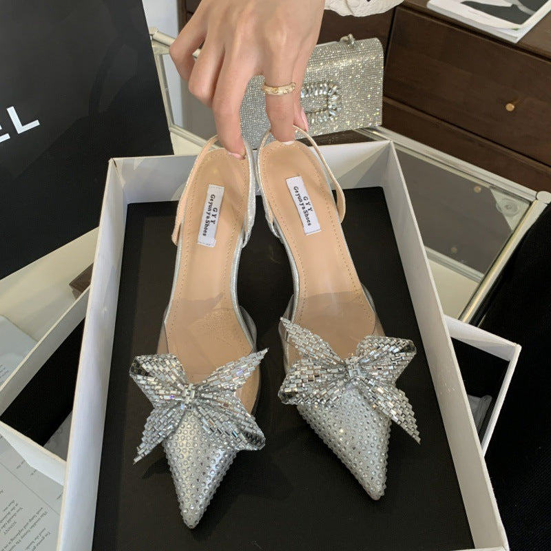 Pointed Toe Satin Bow Stiletto High Heels in Silver & Black