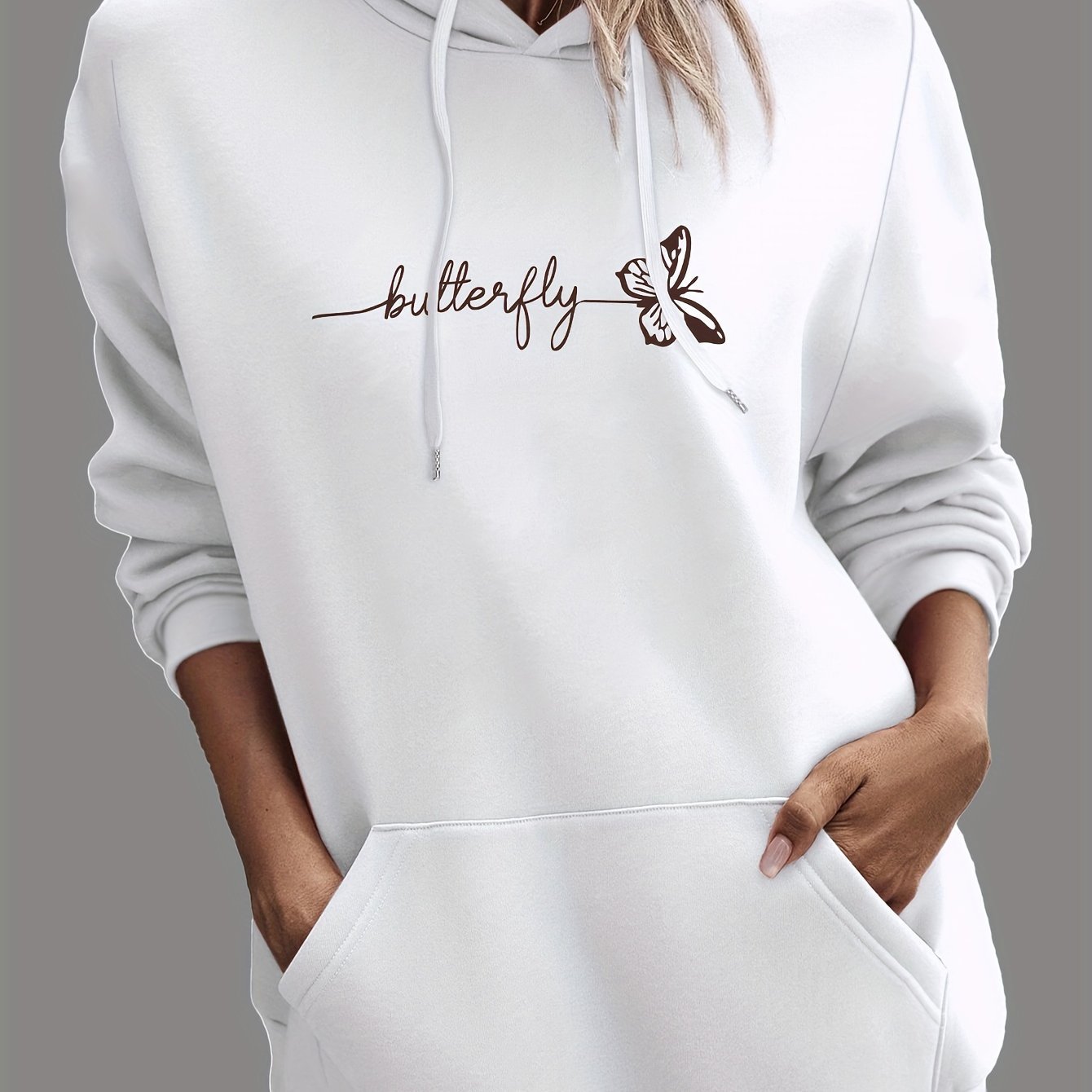 Womens Casual Pullover Hoodie with Drawstring and Butterfly Print