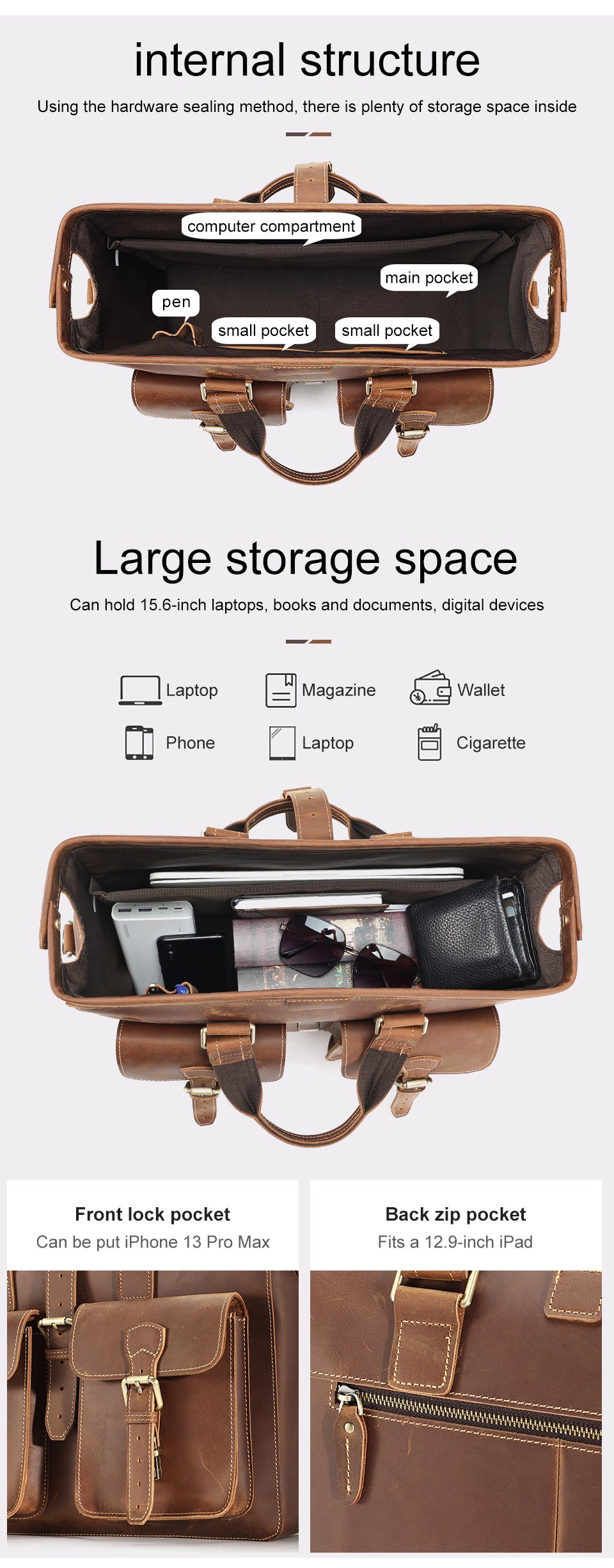 Sac d'affaires de voyage en cuir véritable