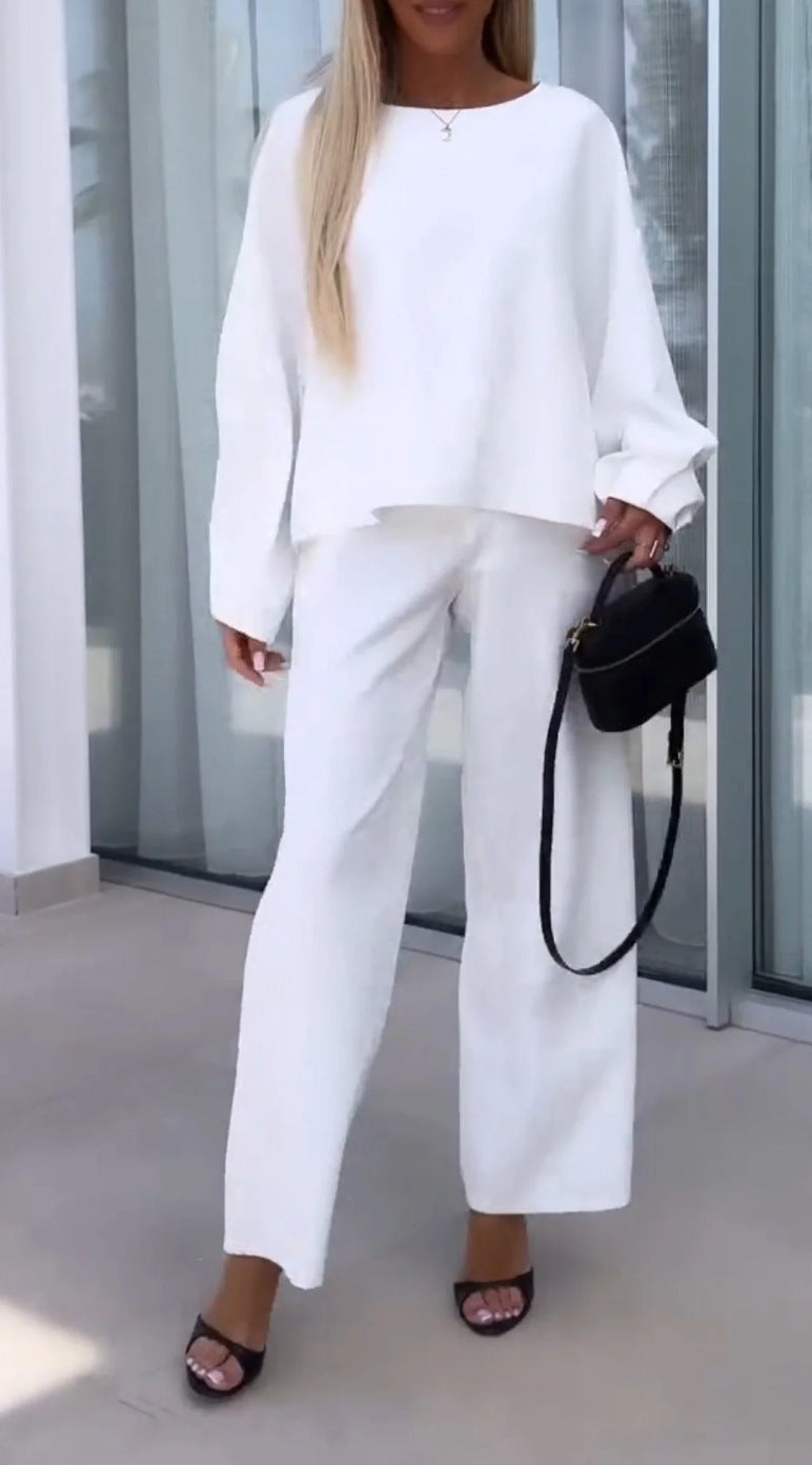 Ensemble deux-pièces femme couleur unie col rond manches longues taille élastique