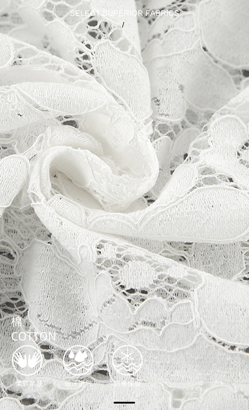 White Cotton Lace Jacquard See-Through High Waist Flared Pants